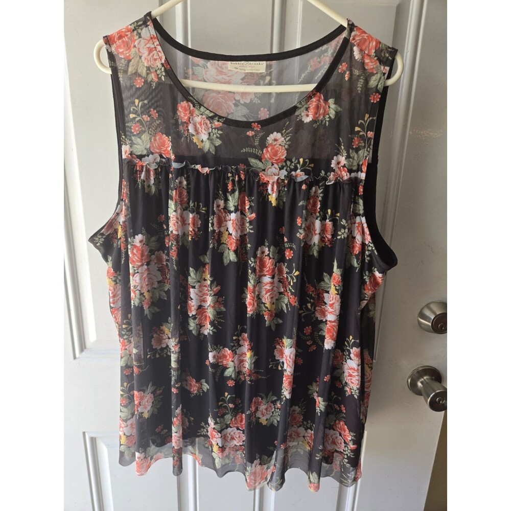 Bobbie Brooks Top Womens Plus Size 3X Sheer Yoke Sleeveless Blouse Floral Black